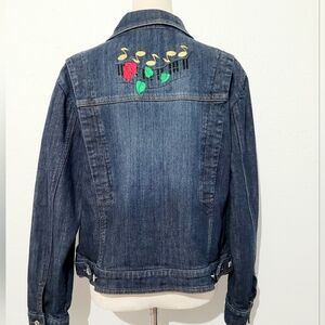 FDJ French Dressing Woman's Denim Jacket Embroidered Roses & Music Notes Size XL